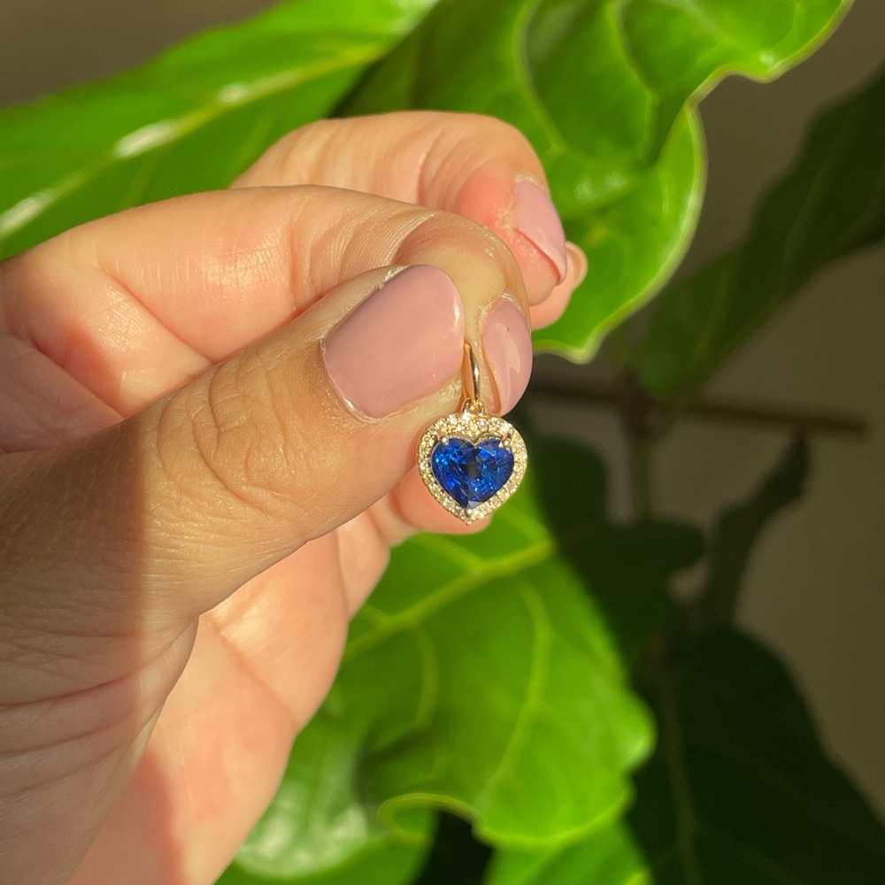 💙 blue sapphire heart with diamond halo charm solid 14k gold - Picture 2 of 6
